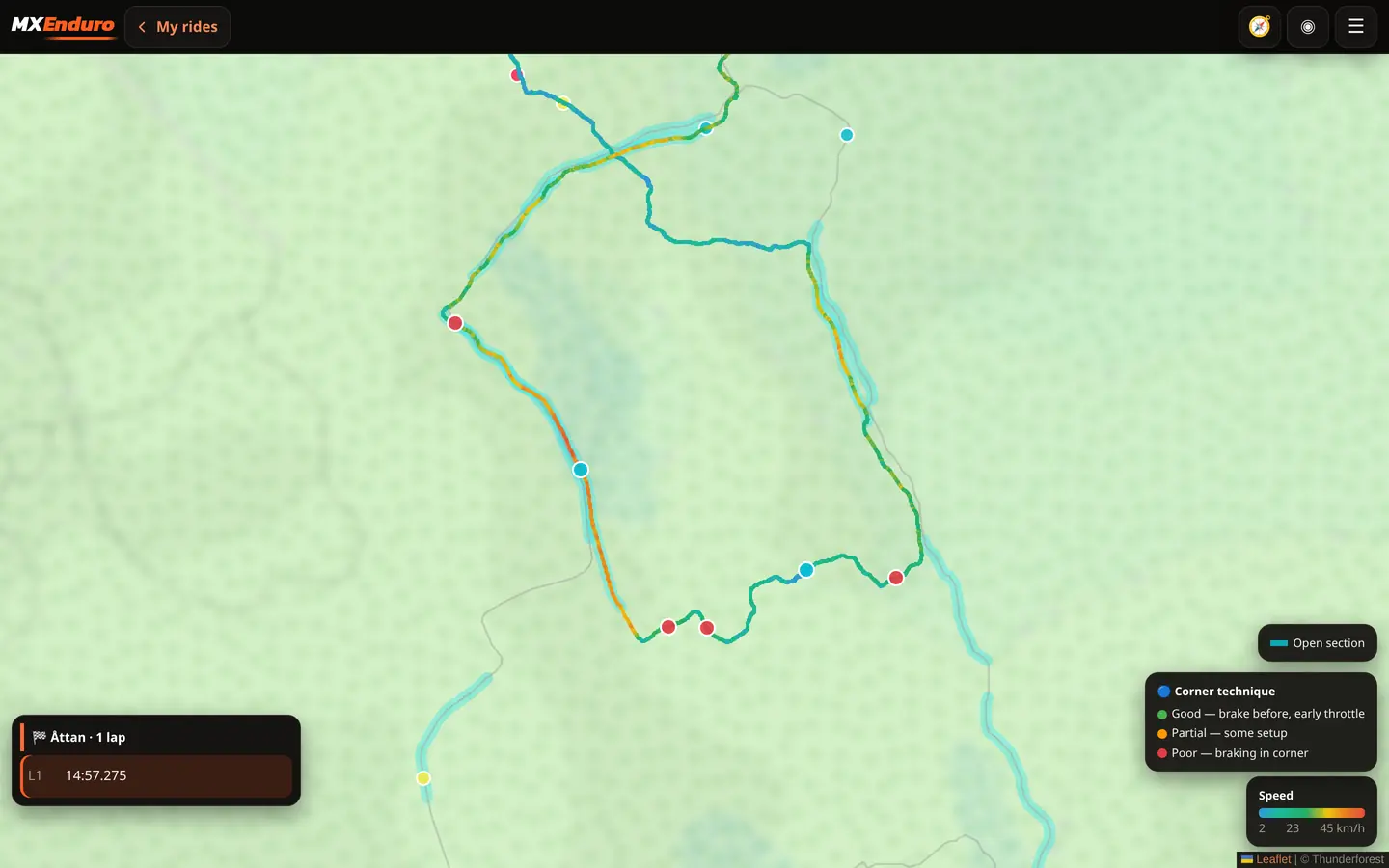 A trail ride on the map: line coloured by speed, event markers and open sections highlighted